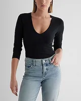 Body Contour Cozy V-Neck Long Sleeve Bodysuit Gray Women's