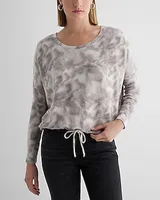 Printed Ribbed Cozy Knit Crew Neck Cinched Hem Top