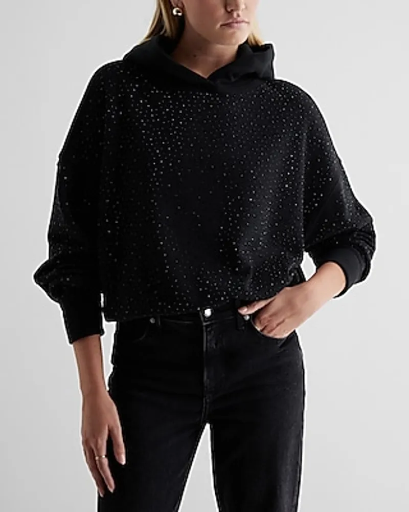 Black CC Scattered Pullover Sweater with Crystal Rhinestone Hoodie String