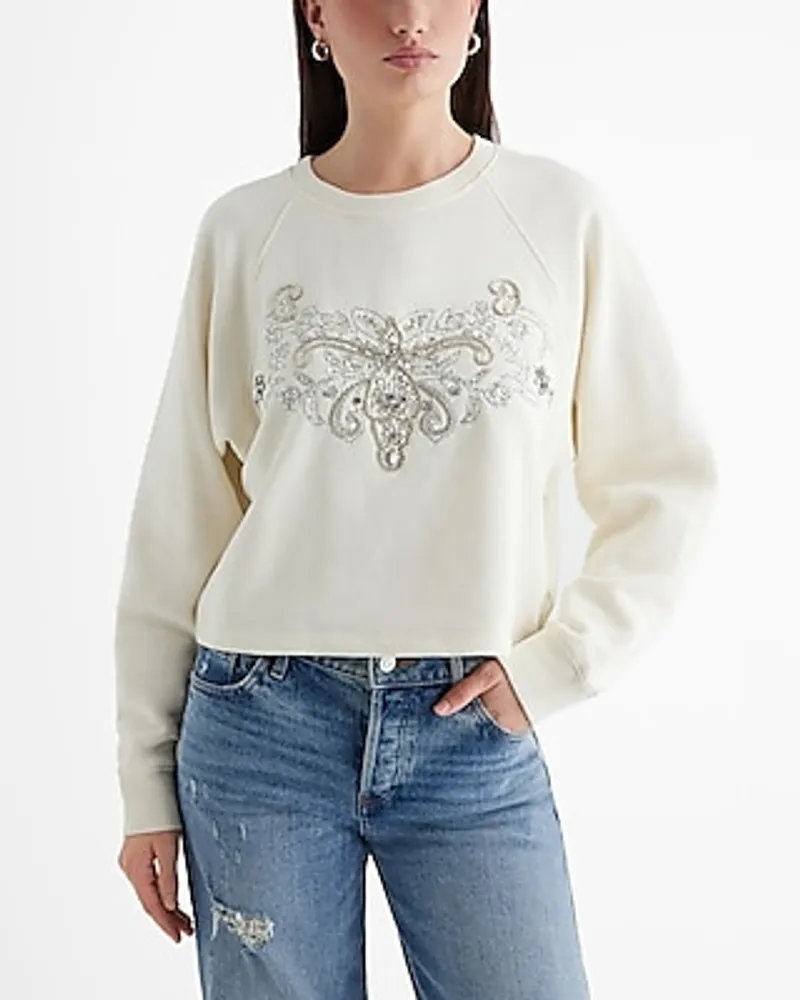 Embellished Rhinestone Pattern Crew Neck Boxy Sweatshirt