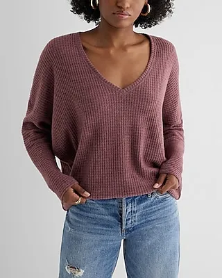 Waffle V-Neck Long Sleeve Tunic London Tee Purple Women's M