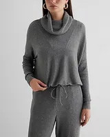 Ribbed Cozy Knit Turtleneck Cinched Hem Top Gray Women's