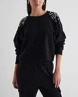 Rhinestone Embellished Crew Neck Boxy Fleece Sweatshirt