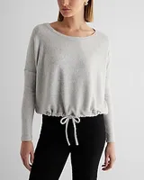 Ribbed Cozy Knit Crew Neck Cinched Hem Top Gray Women's