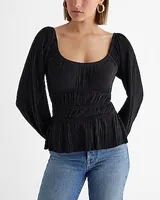 Skimming Scoop Neck Balloon Sleeve Pleated Top Black Women's XS