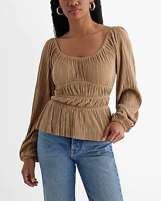 Skimming Scoop Neck Balloon Sleeve Pleated Top Brown Women's XL