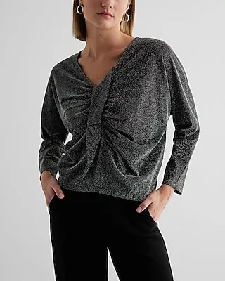 Metallic V-Neck Long Sleeve Twist Front Draped Top Women