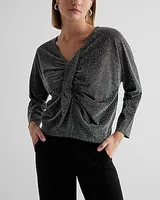 Metallic V-Neck Long Sleeve Twist Front Draped Top Women's