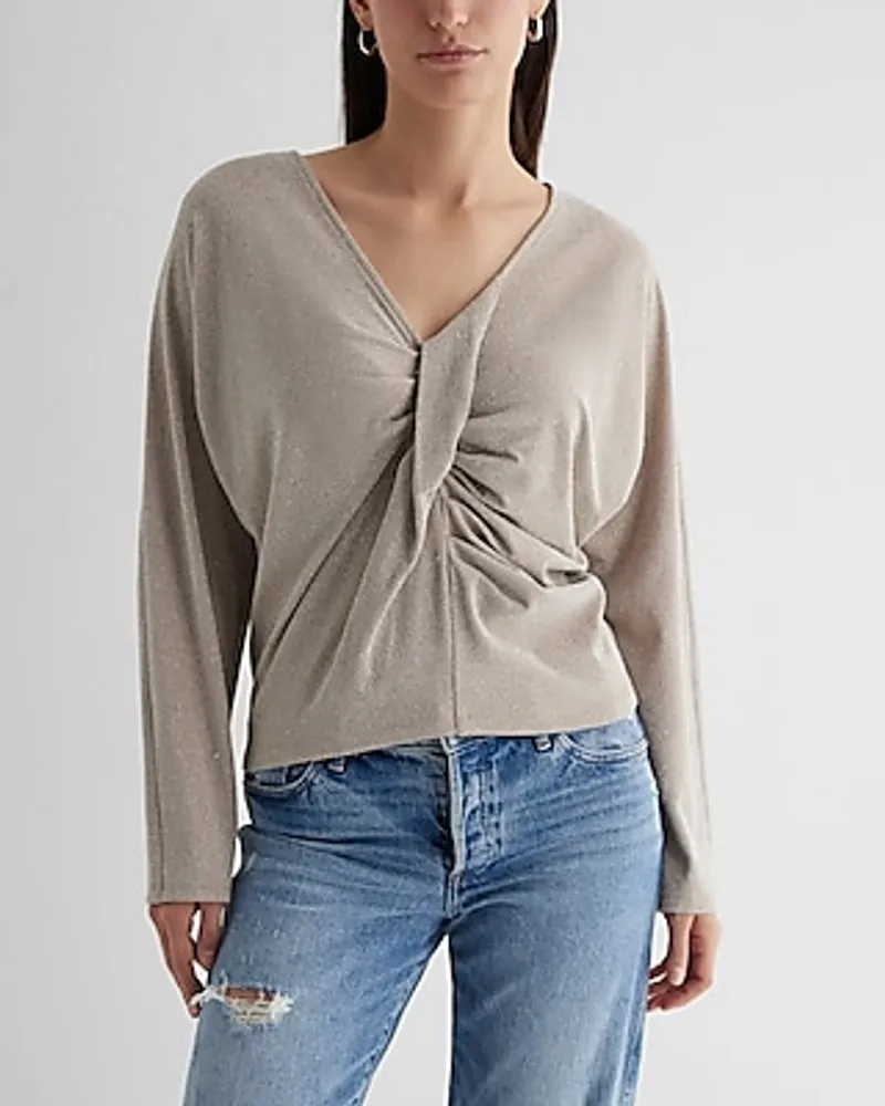 Metallic V-Neck Long Sleeve Twist Front Draped Top Women's