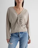 Metallic V-Neck Long Sleeve Twist Front Draped Top Brown Women's XS