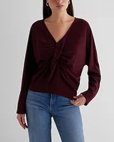 Metallic V-Neck Long Sleeve Twist Front Draped Top