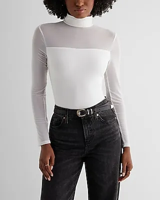 Fitted Mesh Pieced Mock Neck Long Sleeve Bodysuit