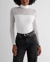 Fitted Mesh Pieced Mock Neck Long Sleeve Bodysuit White Women's S