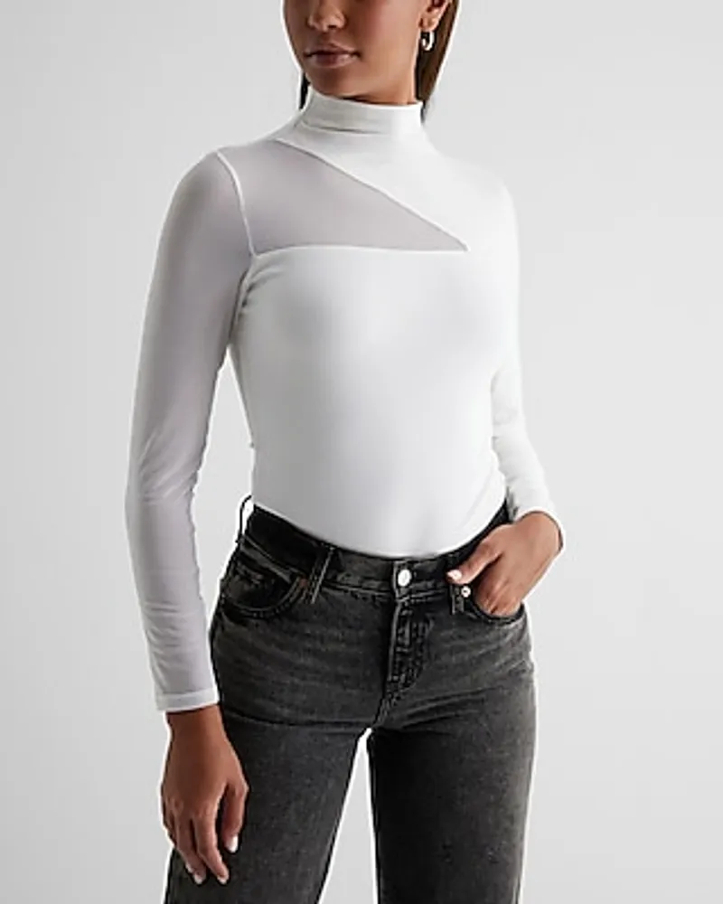 Fitted Mesh Sleeve Mock Neck Bodysuit White Women's XS