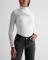 Fitted Mesh Sleeve Mock Neck Bodysuit White Women's XS