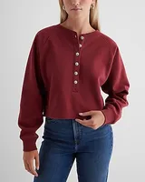 Rhinestone Button Boxy Henley Fleece Sweatshirt Brown Women's M