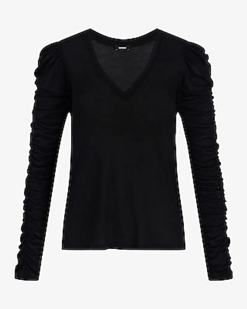 Skimming Light Weight V-Neck Ruched Long Sleeve Tee Black Women's