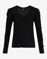 Skimming Light Weight V-Neck Ruched Long Sleeve Tee Black Women's