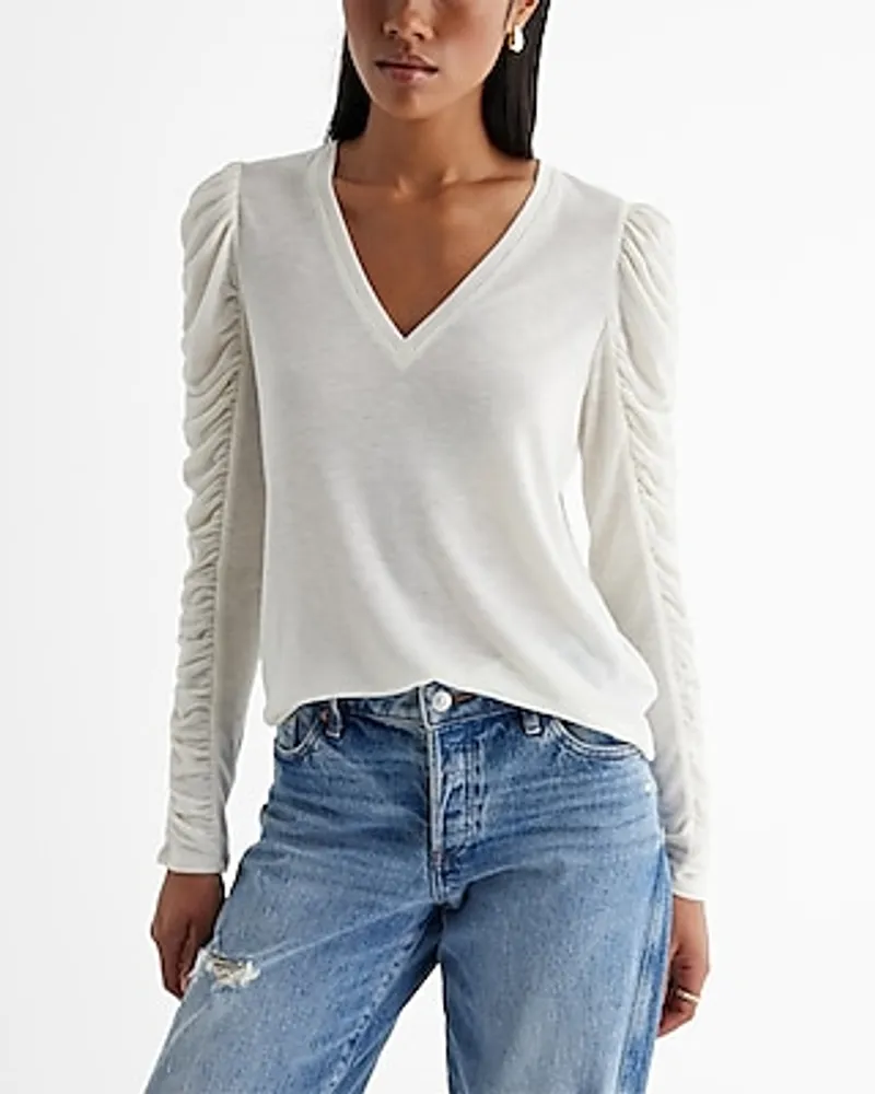 Skimming Light Weight V-Neck Ruched Long Sleeve Tee White Women's L