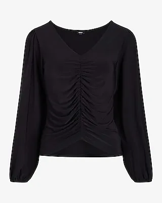 Skimming V-Neck Balloon Sleeve Ruched Front Top Black Women's XS