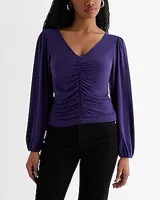 Skimming V-Neck Balloon Sleeve Ruched Front Top Purple Women's XS