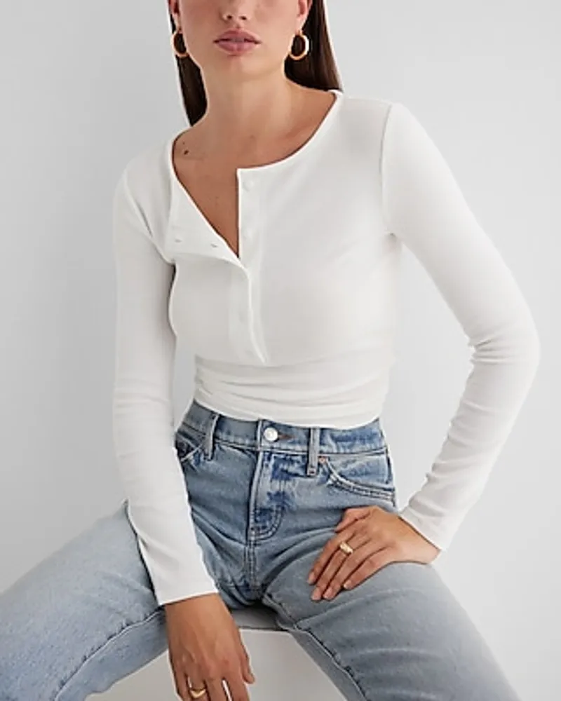 Fitted Ribbed Long Sleeve Henley Tee White Women's M