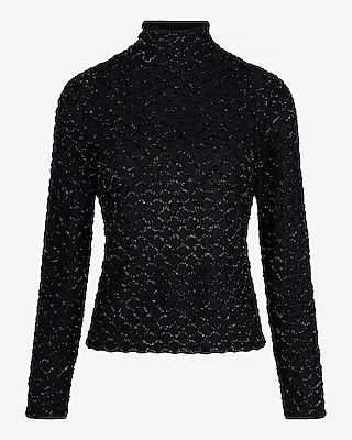 Mesh Patterned Shine Mock Neck Long Sleeve Shirt Black Women's XS