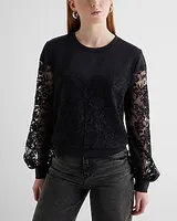 Lace Crew Neck Sweatshirt Black Women's XS