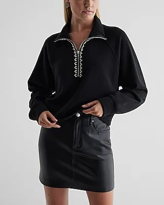 Rhinestone Trim Quarter Zip Boxy Fleece Sweatshirt Women's