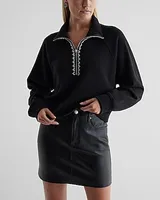 Rhinestone Trim Quarter Zip Boxy Fleece Sweatshirt Black Women's XS