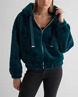 Faux Fur Zip Up Hoodie Green Women's XS