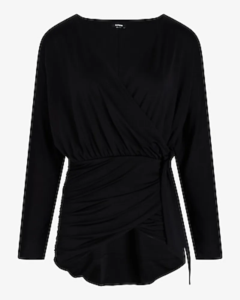 Skimming V-Neck Surplice Tie Waist Top Black Women's M