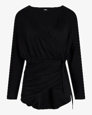 Skimming V-Neck Surplice Tie Waist Top Black Women's M