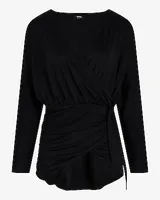 Skimming V-Neck Surplice Tie Waist Top Black Women's M