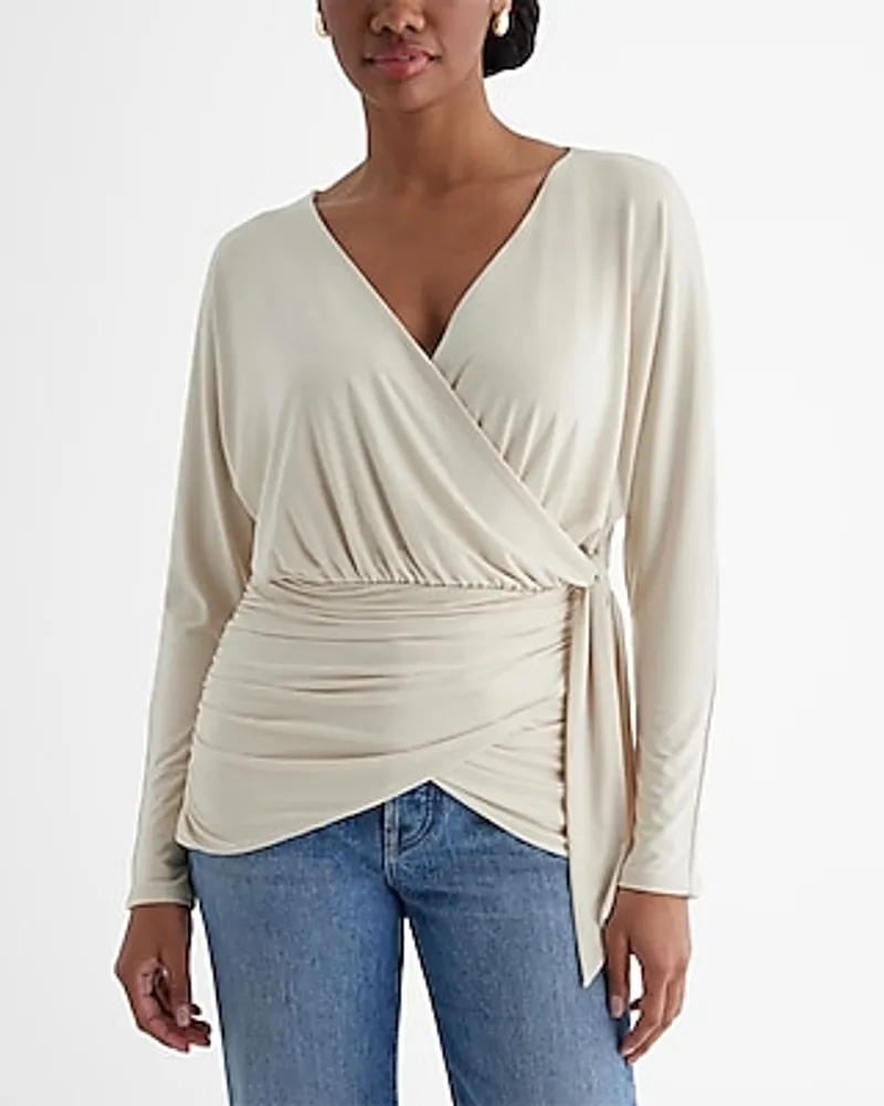 Skimming V-Neck Surplice Tie Waist Top Neutral Women