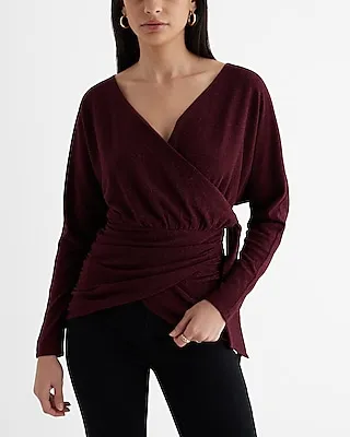 Relaxed Metallic V-Neck Surplice Tie Waist Top Red Women's L