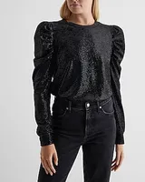 Velvet Dot Sequin Crew Neck Puff Sleeve Sweatshirt