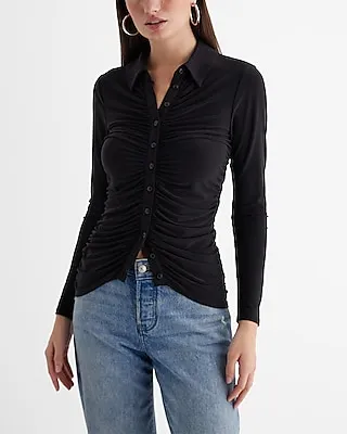 Ruched Long Sleeve Button Up Polo Top Black Women's