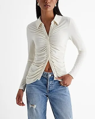 Ruched Long Sleeve Button Up Polo Top White Women's XS