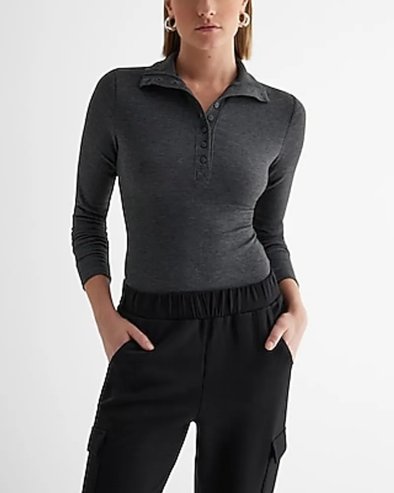 Body Contour Luxe Lounge Long Sleeve Henley Bodysuit Gray Women's