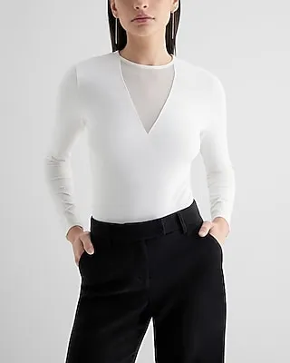 Fitted Mesh Pieced Crew Neck Long Sleeve Bodysuit