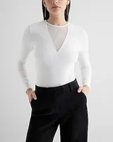 Fitted Mesh Pieced Crew Neck Long Sleeve Bodysuit White Women's M