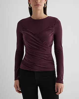 Crew Neck Long Sleeve Wrap Front Tee Red Women's XS