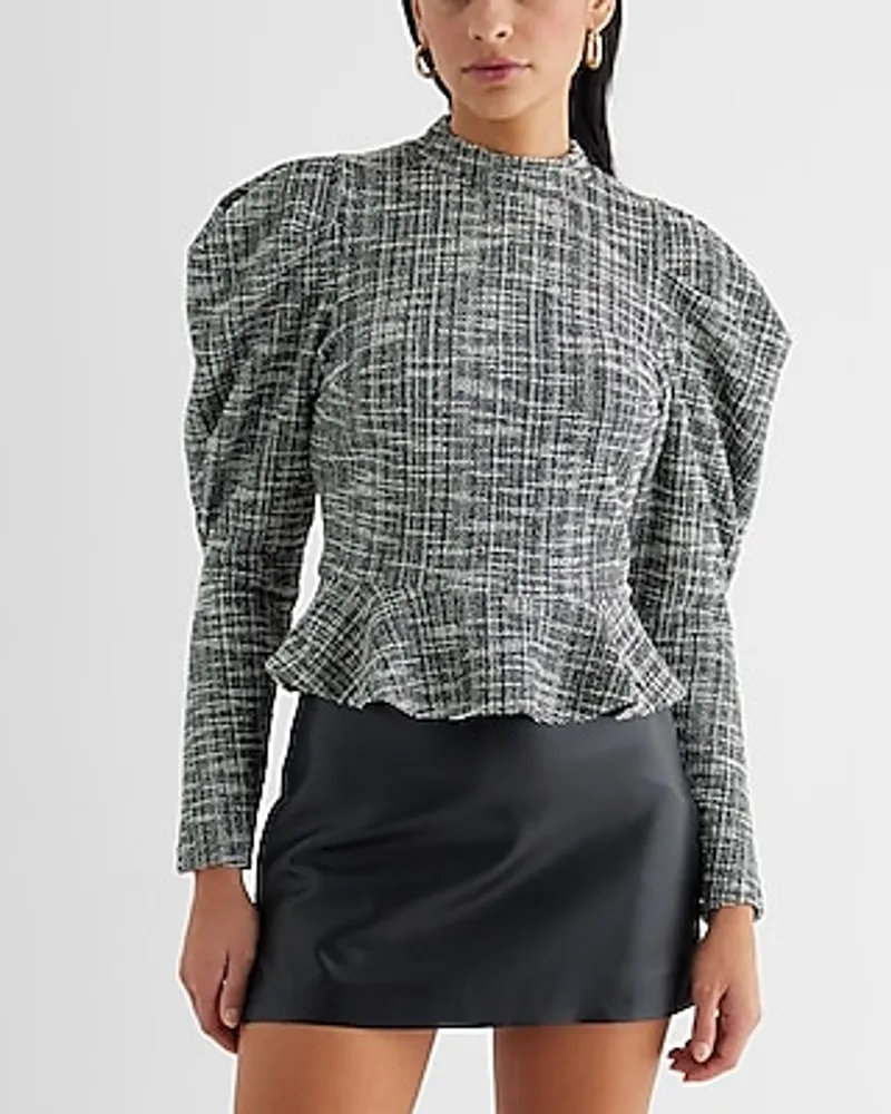 Tweed Mock Neck Puff Sleeve Peplum Top Black Women's