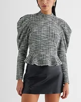 Tweed Mock Neck Puff Sleeve Peplum Top Black Women's XS