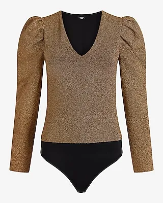 Shine V-Neck Puff Sleeve Bodysuit Gold Women's XL