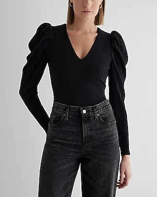 V-Neck Pleated Puff Sleeve Bodysuit