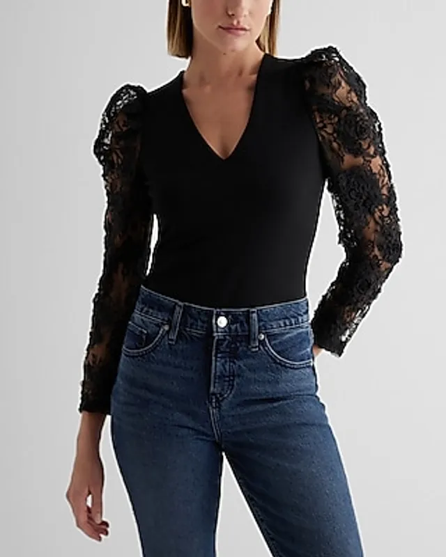 Fitted Ponte V-neck Puff Sleeve Bodysuit