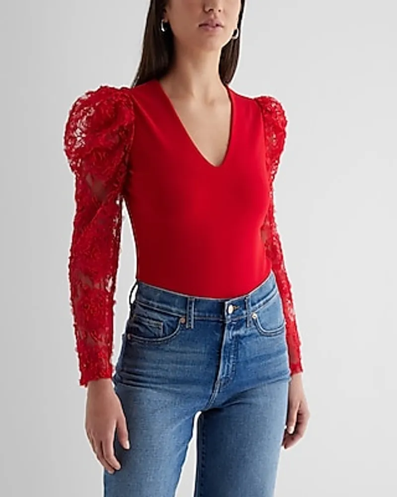 Express V-Neck Lace Puff Sleeve Bodysuit Red Women's S