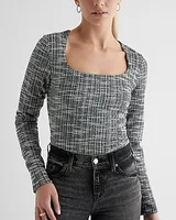 Body Contour Tweed Scoop Neck Long Sleeve Bodysuit